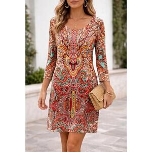 Chico’s Size 2 Paisley Print Knit Dress 3/4 Sleeve Boho Stretch